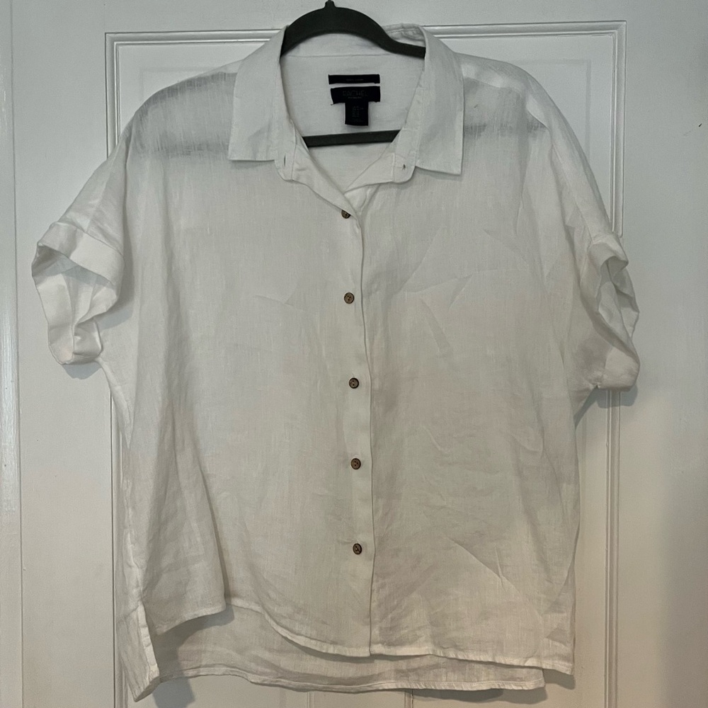 RACHEL Rachel Roy 100% Linen White Button Front Short Sleeve Shirt Size XL